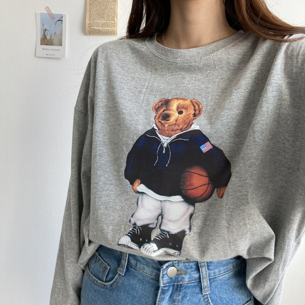 농구하는 곰돌이 프린팅 롱 티셔츠